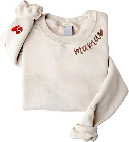 Mama Embroidered Crewneck Sweatshirt, Mama Neckline Sweater with Heart on Sleeve, Mama Pullover Size M-4XL in Saudi Arabia