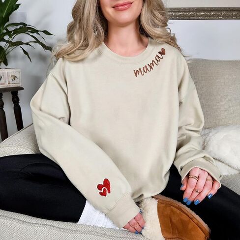 Mama Embroidered Crewneck Sweatshirt, Mama Neckline Sweater with Heart on Sleeve, Mama Pullover Size M-4XL in Saudi Arabia