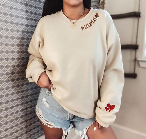 Mama Embroidered Crewneck Sweatshirt, Mama Neckline Sweater with Heart on Sleeve, Mama Pullover Size M-4XL in Saudi Arabia