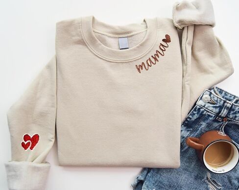 Mama Embroidered Crewneck Sweatshirt, Mama Neckline Sweater with Heart on Sleeve, Mama Pullover Size M-4XL in Saudi Arabia