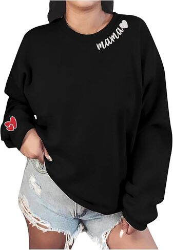 Mama Embroidered Crewneck Sweatshirt, Mama Neckline Sweater with Heart on Sleeve, Mama Pullover Size M-4XL in Saudi Arabia