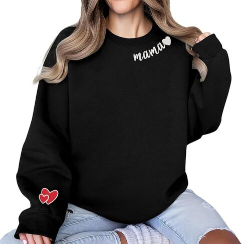Mama Embroidered Crewneck Sweatshirt, Mama Neckline Sweater with Heart on Sleeve, Mama Pullover Size M-4XL in Saudi Arabia
