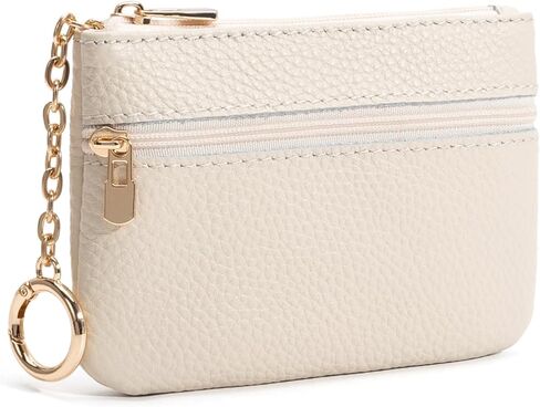 Full Grain Leather Coin Purse with Keychain - 2 Zippered Pockets Mini Coin Pouch Card Holder Keychain Pouch Keychain Wallet - Small Change Purse for Women and Men (Off White) in Kuwait