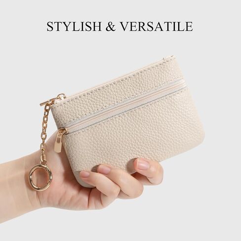 Full Grain Leather Coin Purse with Keychain - 2 Zippered Pockets Mini Coin Pouch Card Holder Keychain Pouch Keychain Wallet - Small Change Purse for Women and Men (Off White) in Kuwait