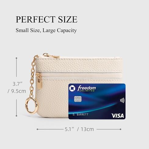 Full Grain Leather Coin Purse with Keychain - 2 Zippered Pockets Mini Coin Pouch Card Holder Keychain Pouch Keychain Wallet - Small Change Purse for Women and Men (Off White) in Kuwait