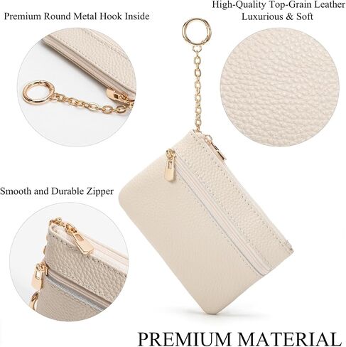Full Grain Leather Coin Purse with Keychain - 2 Zippered Pockets Mini Coin Pouch Card Holder Keychain Pouch Keychain Wallet - Small Change Purse for Women and Men (Off White) in Kuwait