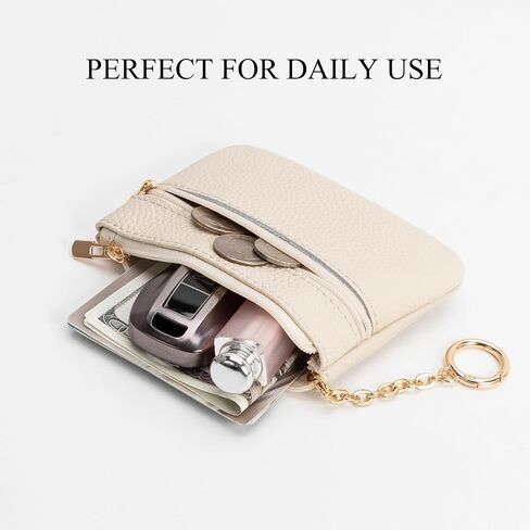 Full Grain Leather Coin Purse with Keychain - 2 Zippered Pockets Mini Coin Pouch Card Holder Keychain Pouch Keychain Wallet - Small Change Purse for Women and Men (Off White) in Kuwait