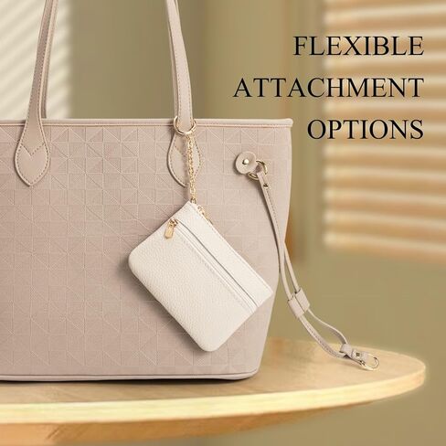 Full Grain Leather Coin Purse with Keychain - 2 Zippered Pockets Mini Coin Pouch Card Holder Keychain Pouch Keychain Wallet - Small Change Purse for Women and Men (Off White) in Kuwait