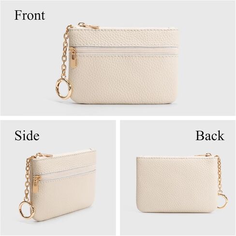 Full Grain Leather Coin Purse with Keychain - 2 Zippered Pockets Mini Coin Pouch Card Holder Keychain Pouch Keychain Wallet - Small Change Purse for Women and Men (Off White) in Kuwait