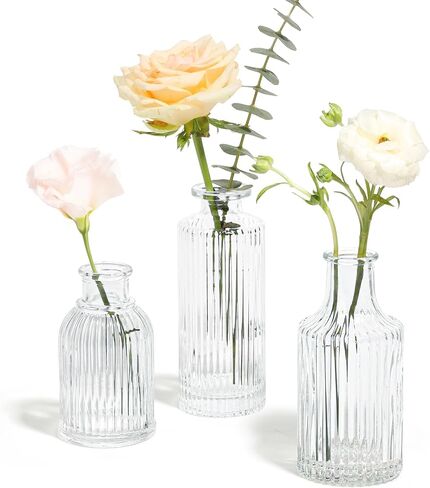 ComSaf Glass Bud Vases Set of 3, Small Flower Vases in Bulk, Mini Ribbed Vases for Centerpieces, Clear Vintage Vase for Table Decorations, Wedding, Party, Receptions, Home Decor (Different Sizes) in Saudi Arabia