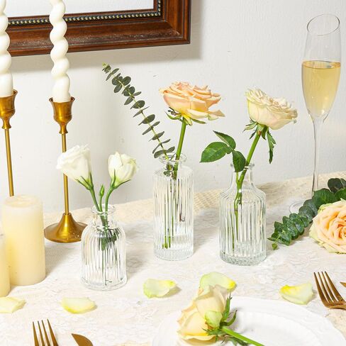 ComSaf Glass Bud Vases Set of 3, Small Flower Vases in Bulk, Mini Ribbed Vases for Centerpieces, Clear Vintage Vase for Table Decorations, Wedding, Party, Receptions, Home Decor (Different Sizes) in Saudi Arabia