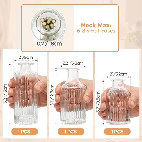 ComSaf Glass Bud Vases Set of 3, Small Flower Vases in Bulk, Mini Ribbed Vases for Centerpieces, Clear Vintage Vase for Table Decorations, Wedding, Party, Receptions, Home Decor (Different Sizes) in Saudi Arabia