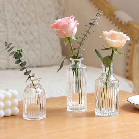 ComSaf Glass Bud Vases Set of 3, Small Flower Vases in Bulk, Mini Ribbed Vases for Centerpieces, Clear Vintage Vase for Table Decorations, Wedding, Party, Receptions, Home Decor (Different Sizes) in Saudi Arabia