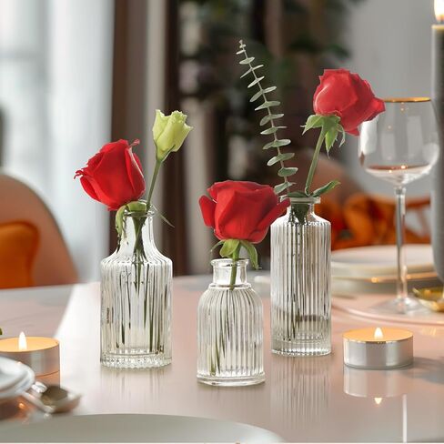 ComSaf Glass Bud Vases Set of 3, Small Flower Vases in Bulk, Mini Ribbed Vases for Centerpieces, Clear Vintage Vase for Table Decorations, Wedding, Party, Receptions, Home Decor (Different Sizes) in Saudi Arabia