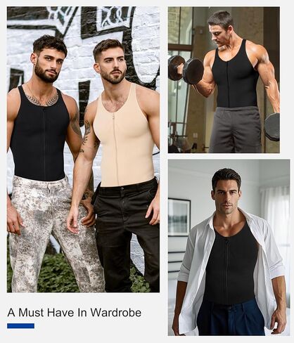 Compression Shirt Mens Shapewear Tank Top Undershirt Slimming Body Shaper Tummy Control Vest Gynecomastia with Zipper in Kuwait