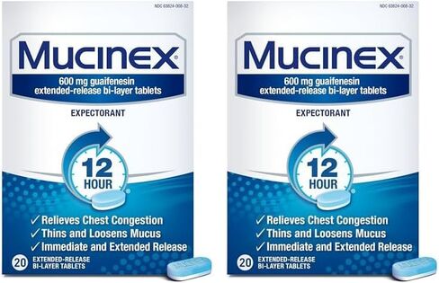 Mucinex Chest Congestion, Expectorant 12 Hour Extended Release Tablets, 20ct, 600mg Guaifenesin with Extended Relief of Chest Congestion Caused by Excess Mucus. Thins and Loosens Mucus in Saudi Arabia