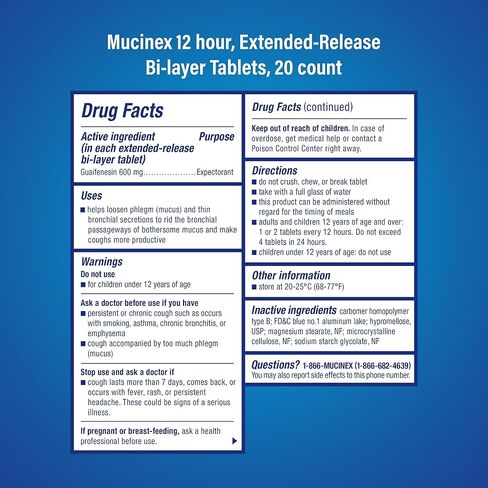 Mucinex Chest Congestion, Expectorant 12 Hour Extended Release Tablets, 20ct, 600mg Guaifenesin with Extended Relief of Chest Congestion Caused by Excess Mucus. Thins and Loosens Mucus in Saudi Arabia