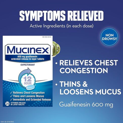Mucinex Chest Congestion, Expectorant 12 Hour Extended Release Tablets, 20ct, 600mg Guaifenesin with Extended Relief of Chest Congestion Caused by Excess Mucus. Thins and Loosens Mucus in Saudi Arabia