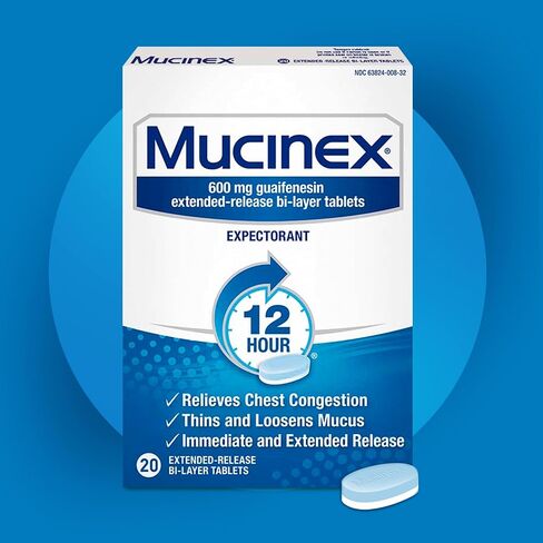 Mucinex Chest Congestion, Expectorant 12 Hour Extended Release Tablets, 20ct, 600mg Guaifenesin with Extended Relief of Chest Congestion Caused by Excess Mucus. Thins and Loosens Mucus in Saudi Arabia