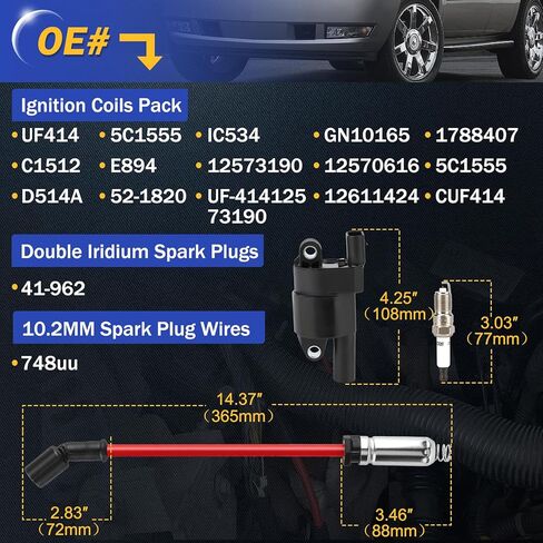 uf414 ملفات الإشعال حزمة وقابس شرارة مزدوجة Iridium و 10.2 ملم شرارة الأسلاك لشيفي Avalanche Express Tahoe Silverado SilveraDAD 1500 2500 3500/GMC Savana Sierra Yukon/Cadillac Escalade in Saudi Arabia