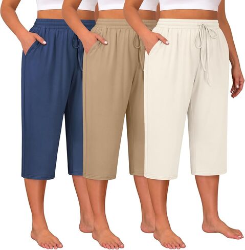 Huukeay 3 Pack Women's Plus Size Capris, Drawstring Cotton Yoga Capri Sweatpants Summer Casual Loose Cropped Pant with Pocket in Saudi Arabia