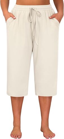 Huukeay 3 Pack Women's Plus Size Capris, Drawstring Cotton Yoga Capri Sweatpants Summer Casual Loose Cropped Pant with Pocket in Saudi Arabia