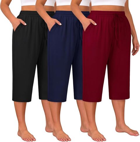 Huukeay 3 Pack Women's Plus Size Capris, Drawstring Cotton Yoga Capri Sweatpants Summer Casual Loose Cropped Pant with Pocket in Saudi Arabia