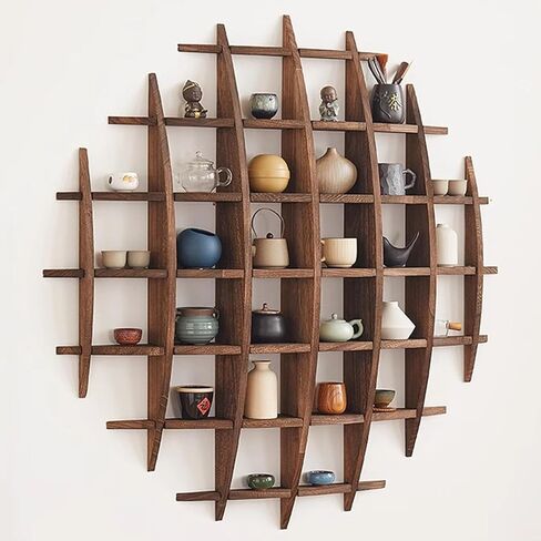 Solid Wood Chinese Tea Cup Holder, Wall Mounted Teapot Display Stand, Wall Decoration Teaware Shelf Storage Rack for Living Room Kitchen Office Commercial (Carbonization Color, 39x39'') in Saudi Arabia