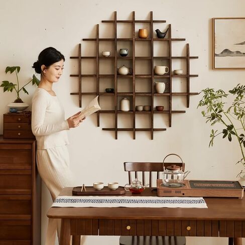 Solid Wood Chinese Tea Cup Holder, Wall Mounted Teapot Display Stand, Wall Decoration Teaware Shelf Storage Rack for Living Room Kitchen Office Commercial (Carbonization Color, 39x39'') in Saudi Arabia