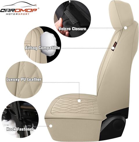 CAROMOP Faux Leather Car Seat Covers 2 Front Set,Luxury and Comfortable Seat Covers for Cars, Airbag Compatible Car Interior Covers, Universal Fit for Suvs,Vans,Trucks(Beige) in Kuwait