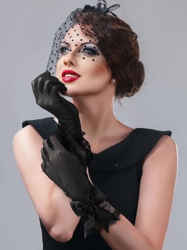 Bencailor Women Lace Gloves Tea Party Wedding Short Bow Sheer Gloves Evening Elegant Accessories for Sun Protection Funeral in Saudi Arabia