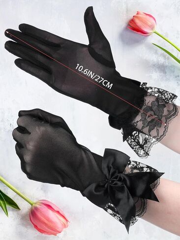 Bencailor Women Lace Gloves Tea Party Wedding Short Bow Sheer Gloves Evening Elegant Accessories for Sun Protection Funeral in Saudi Arabia