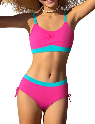 Girls' Swimwear 2PCS Suits Color Block Top with Drawstring Bottoms Teen Bathing Suits for Girls in Kuwait