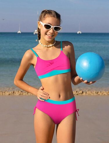Girls' Swimwear 2PCS Suits Color Block Top with Drawstring Bottoms Teen Bathing Suits for Girls in Kuwait