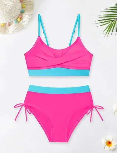 Girls' Swimwear 2PCS Suits Color Block Top with Drawstring Bottoms Teen Bathing Suits for Girls in Kuwait