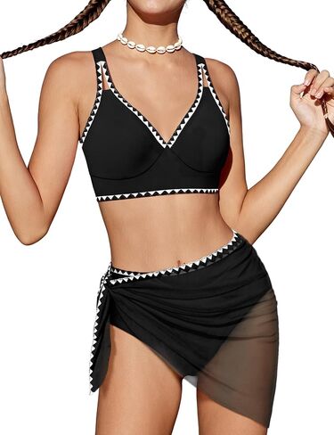 Girls Swimsuit V-Neck Shell Stitched Solid Color High Waisted 3 Piece Bathing Suit Bikini with Cover Up 9-16T in Saudi Arabia