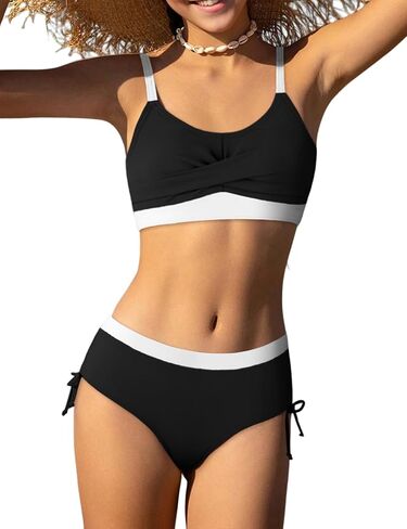 Girls' Swimwear 2PCS Suits Color Block Top with Drawstring Bottoms Teen Bathing Suits for Girls in Kuwait