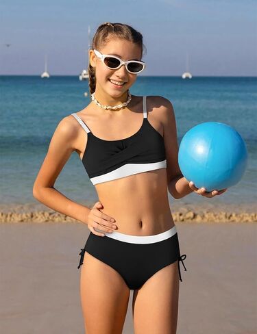 Girls' Swimwear 2PCS Suits Color Block Top with Drawstring Bottoms Teen Bathing Suits for Girls in Kuwait