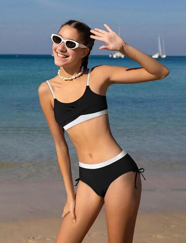 Girls' Swimwear 2PCS Suits Color Block Top with Drawstring Bottoms Teen Bathing Suits for Girls in Kuwait