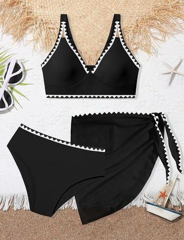 Girls Swimsuit V-Neck Shell Stitched Solid Color High Waisted 3 Piece Bathing Suit Bikini with Cover Up 9-16T in Saudi Arabia
