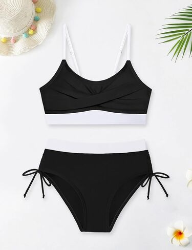 Girls' Swimwear 2PCS Suits Color Block Top with Drawstring Bottoms Teen Bathing Suits for Girls in Kuwait