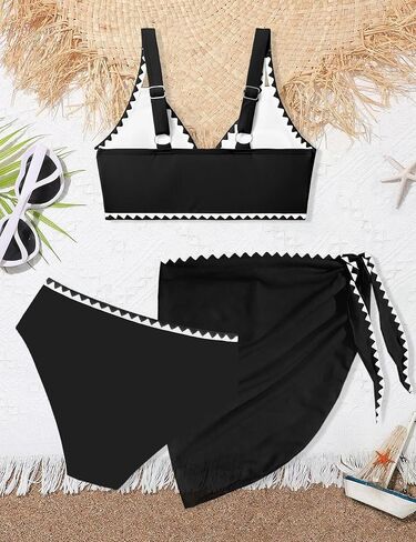 Girls Swimsuit V-Neck Shell Stitched Solid Color High Waisted 3 Piece Bathing Suit Bikini with Cover Up 9-16T in Saudi Arabia
