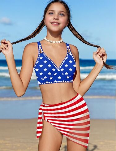 Girls Swimsuit V-Neck Shell Stitched Solid Color High Waisted 3 Piece Bathing Suit Bikini with Cover Up 9-16T in Saudi Arabia