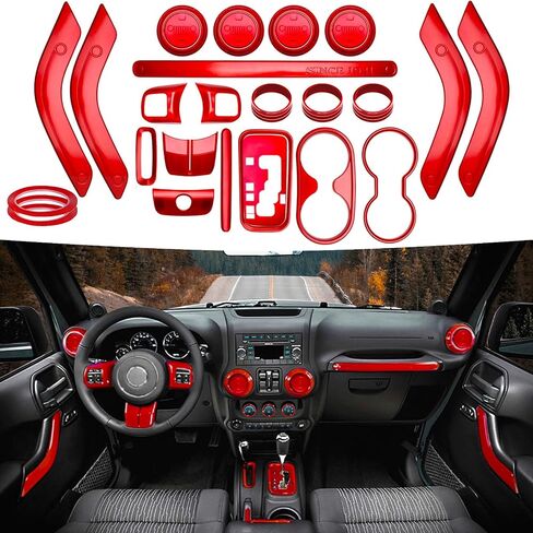 26pcs مجموعة كاملة مجموعة داخلية تتوافق مع Jeep Wrangler JK JKU 2011-2018 2 و 4 أبواب تقليم وحدة التحكم الداخلية ، مقبض الباب ، غطاء حامل الكأس (مجموعة الديكور الأحمر) زينة سيارة عيد الميلاد in Kuwait