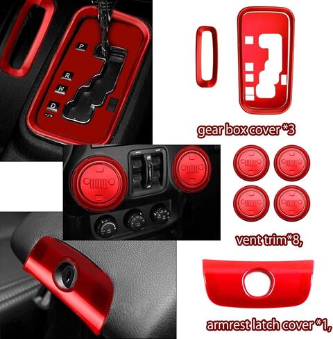 26pcs مجموعة كاملة مجموعة داخلية تتوافق مع Jeep Wrangler JK JKU 2011-2018 2 و 4 أبواب تقليم وحدة التحكم الداخلية ، مقبض الباب ، غطاء حامل الكأس (مجموعة الديكور الأحمر) زينة سيارة عيد الميلاد in Kuwait