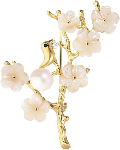 14K Gold Brooch with Natural Freshwater Pearls - Handcrafted Shawl Pin in Elegant Plum Design, Ideal Birthday Gift for Her, Women's Luxury Accessory in Saudi Arabia