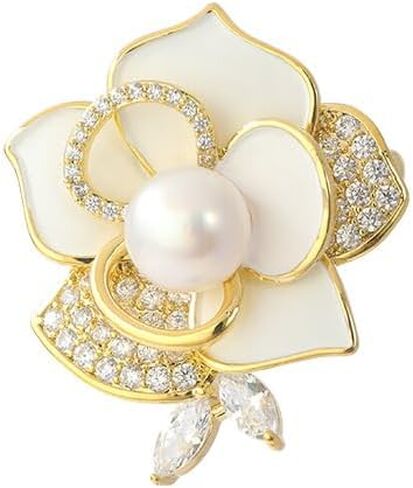 Delicate 14K Gold Camellia Brooch with Natural Freshwater Pearls, Moissanite Embellished Floral Lavish Diamond Brooch, Wedding Decorations for the Bride in Saudi Arabia