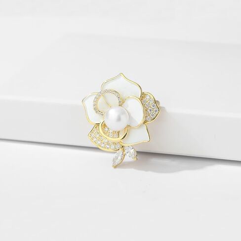 Delicate 14K Gold Camellia Brooch with Natural Freshwater Pearls, Moissanite Embellished Floral Lavish Diamond Brooch, Wedding Decorations for the Bride in Saudi Arabia