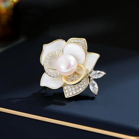Delicate 14K Gold Camellia Brooch with Natural Freshwater Pearls, Moissanite Embellished Floral Lavish Diamond Brooch, Wedding Decorations for the Bride in Saudi Arabia