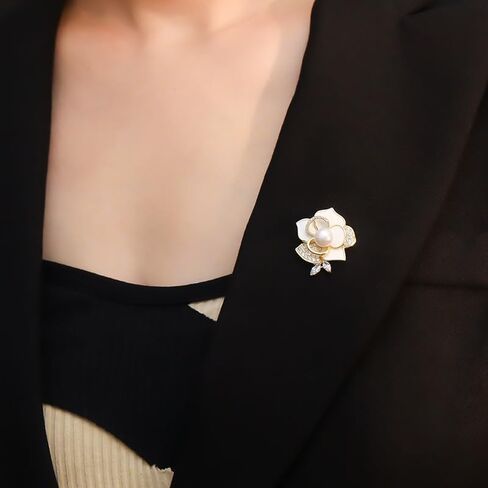 Delicate 14K Gold Camellia Brooch with Natural Freshwater Pearls, Moissanite Embellished Floral Lavish Diamond Brooch, Wedding Decorations for the Bride in Saudi Arabia